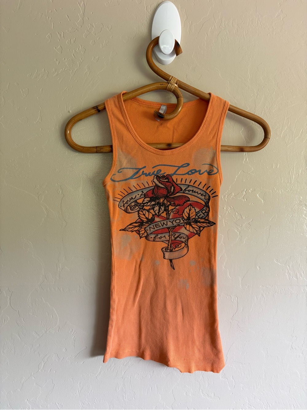 Y2K 2000s Vintage Rave True Live Ed Hardy Style Orange Ribbed Tank Top Size M